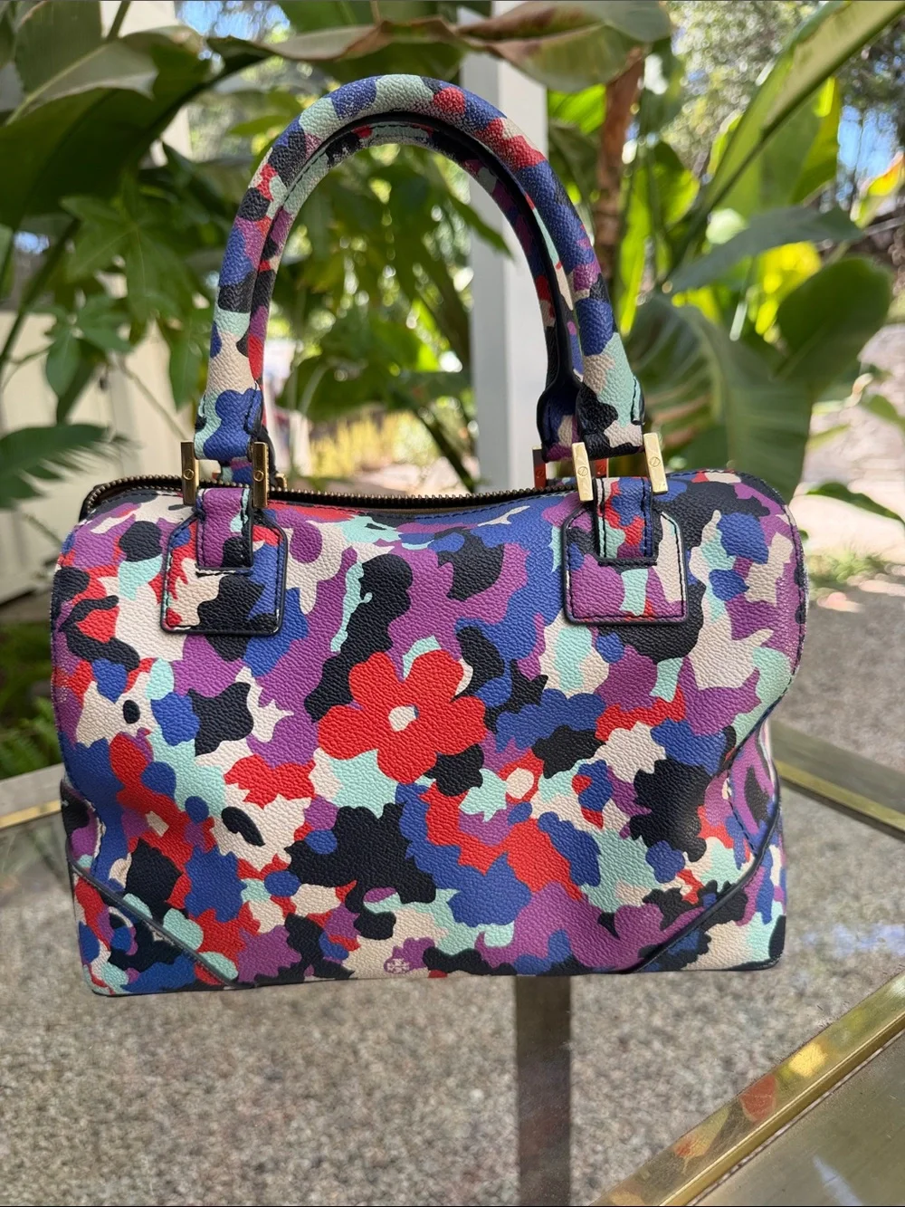 Tory Burch Multicolor Camo Satchel with Red, Blue & Purple Accents